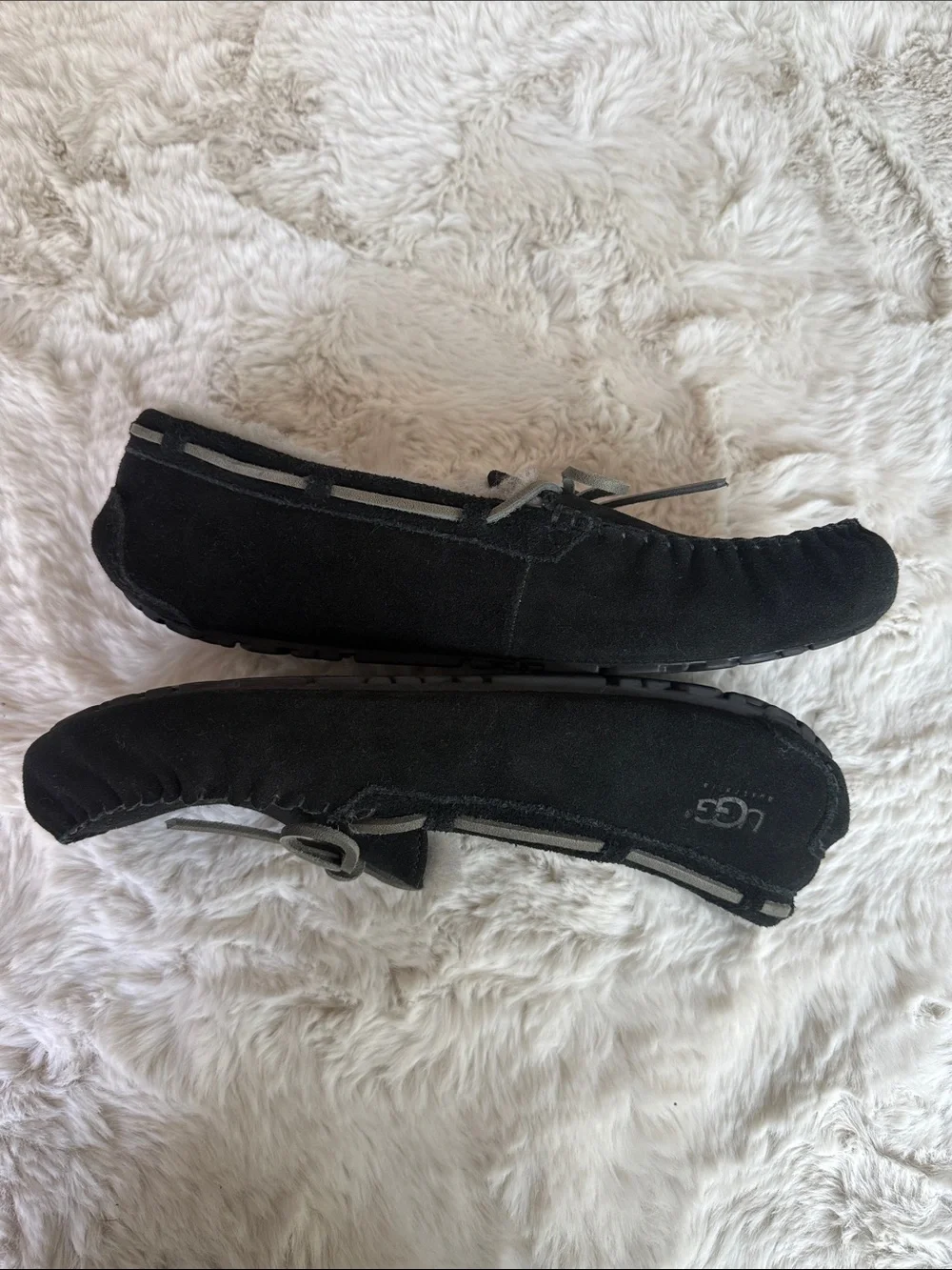 UGG Women's Black Suede Moccasin Slippers with Gray Bow